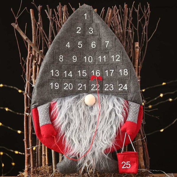 Julekalender med 25 lommer, julekalender med svensk Tomte Santa Gnome og 25 dagers lommer for julehjemdørvegg