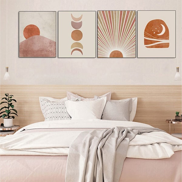 Sol och måne canvas konst - 4 delar ram solnedgång soluppgång landskap konstverk för rumsdekor väggdekor