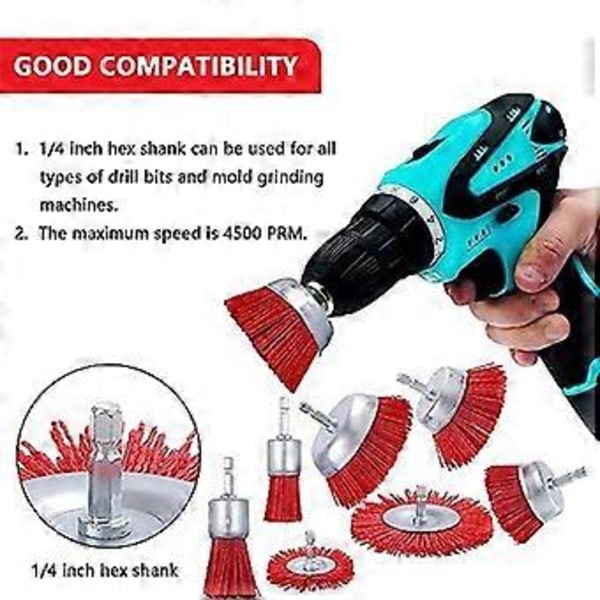 7 kpl Nylon Filament Hiomaharja Pyörö- ja Kuppiharjasetti 1/4 tuuman kuusiokannalla, Nylonsetti