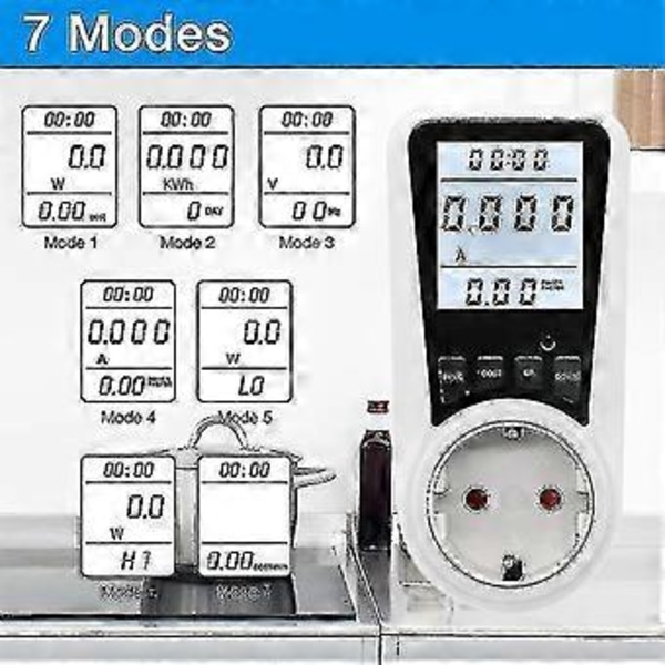 Strømmåler for stikkontakt, effektmåler, energikostnadsmåler, strømkostnadsmåler, effektmåler stikkontakt, strømforbruksmåler med LCD-skjerm, 368