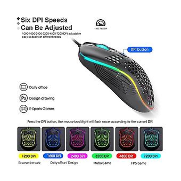 Kablet Mekanisk Gaming USB Lysende 7200dpi Justerbar Optisk Til PC Comp