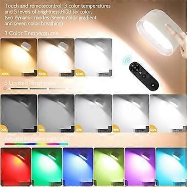 LED Vegglampe Oppladbar 360 Roterbar Lampe 5 Lysstyrkenivåer RGB Nattlys Berørings- og Fjernkontroll