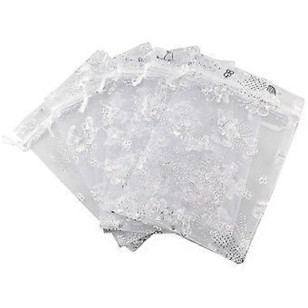 100 stk. 9X12cm Sommerfugl Organza Smykker Gavepose Slikpose Snøre Bryllupsgaveposer Hvid