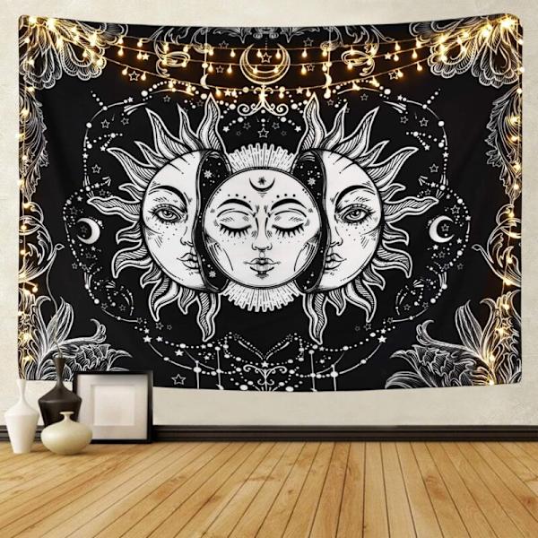 Psykedelisk Sol og Måne Gobelin Sort og Hvid Gobelin Soveværelse Studio Dekoration (Sort, 148 x 200 cm)