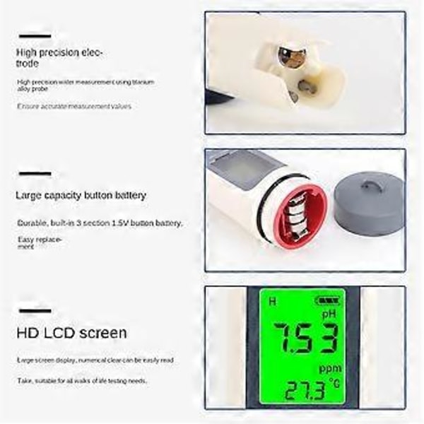 3 i 1 Vattenkvalitetstestpenna TDS/PH/TEMP PH-mätare Multiparameter Bältes Vattenkvalitetsanalysator