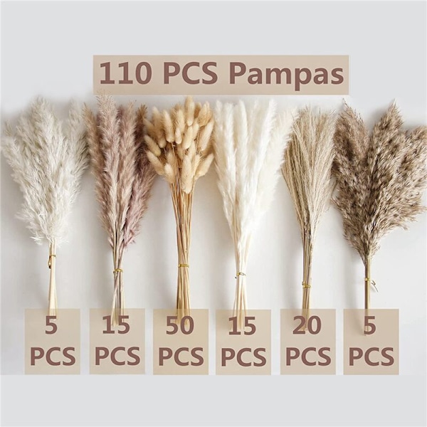 Torkade Pampasgräs Bukett 110 Stycken, Boho Bordsdekoration, Torkade Blomsvansar, Bruna Pompas, Pampasgräs för Bröllop