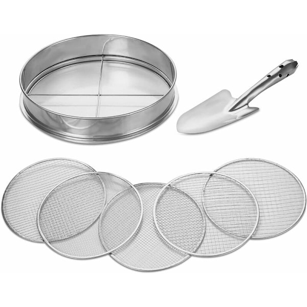 Garden Sieve, 5in1 Earth Sieve, Soil Sieve, Size Ø 12mm/10mm/9mm/6mm/3mm, Stainless Gardening Tool, With Shovel