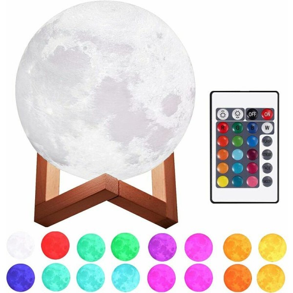 3D-tulostettu kuulamppu 5,9 tuumaa 15 cm himmennettävä kosketus 16 RGB-väri Lunar Night Light puutelineellä USB-lataus makuuhuoneen sisustukseen