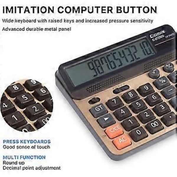 Lommeregner 12 cifre LCD-display Standardfunktion Bordregnemaskiner med store computertaster Dobbelt strømforsyning Solar Kontorregnemaskine Champagne Guldfarve