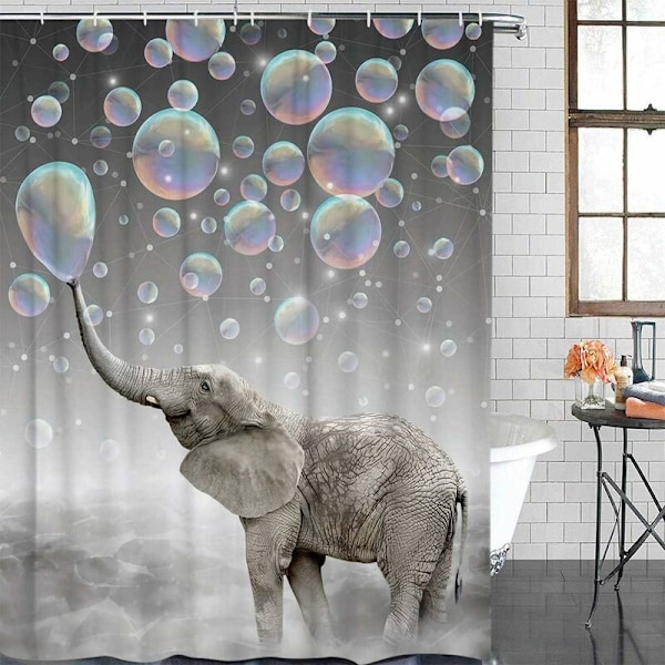 Design Bruseforhæng, Dyr Elefant Blæser Bobler Drøm Farverig Print, Vandtæt Stof Badeværelse Dekor Sæt med Kroge 180 x 180cm