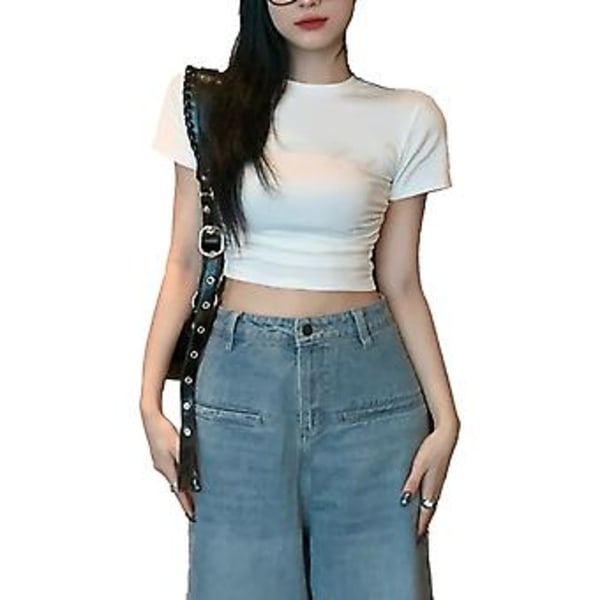 Naisten lyhythihainen paita, tiukka pyöreä pääntie, muodikas kesäinen slim fit -toppi arkeen ja työhön, valkoinen, one size