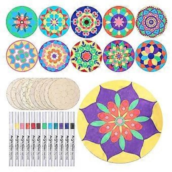 22 st Trämålningsset Mandala 10 Mandala Obehandlade Träutskärningar med 12 Pennor för Hantverk Mandala Träskivor