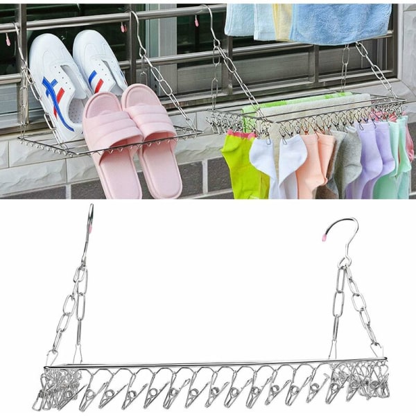 Sock Drying Rack, Rostfritt Stål Torkhängare med 100 Vindtäta Klämmor Hängande Klädtorkställ för Strumpor, Underkläder, Kläder, Handdukar (