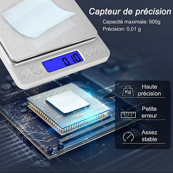 Amir Digital Köksvåg, 500g Mini Sleeve Pearl Vågskala, Matlagning Matvåg, Bakgrundsbelyst Lcd-display, 2 Brickor, 6 Enheter, Automatisk Avstängning, Tara, Pcs, St