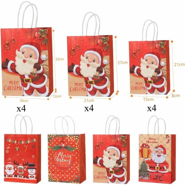 Julegavepose, 12 stk. Julegaveposer i kraftpapir med håndtag, holdbare slikposer til fødselsdag, store, mellemstore og små gaveposer til jul