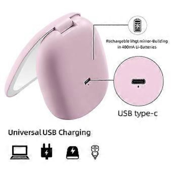 Ficksminkspegel med LED-ljus, 3,5 tum, 10x förstoring, dubbelsidig, uppladdningsbar, pekskärm, rosa