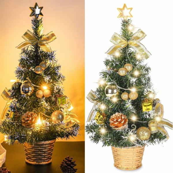 Mini kunstigt juletræ, lille juletræ med LED-lys, Mini desktop trædekoration til kommerciel kontorbar 40 cm，guld