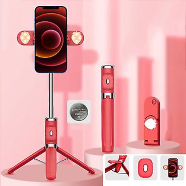 104 cm Telefon Tripod med Dobbelt Foldbart Udfyldningslys og Bluetooth Fjernbetjening til Selfie Live Broadcast Rød