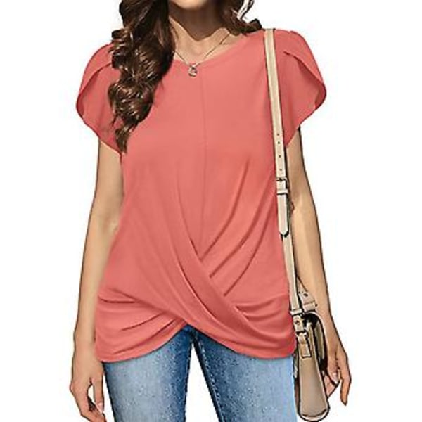Crewneck Kortærmet T-shirt Dame Moderigtig Elegant Løs Ensfarvet Rynket Kant Petal Ærme Toppe Pink S