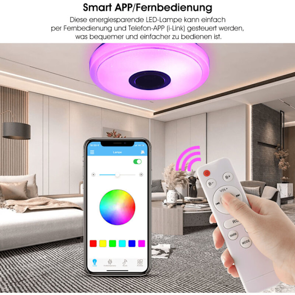 LED-taklampe, taklampe med Bluetooth-høyttaler, 38W innfelt taklampe RGB fargeskiftende musikalsk LED-taklampe med app og fjernkontroll