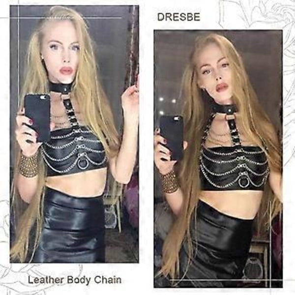 Punk Lagerad Kroppskedja Svart Läder BH Bur Harness Choker BH Kedjor Gotisk