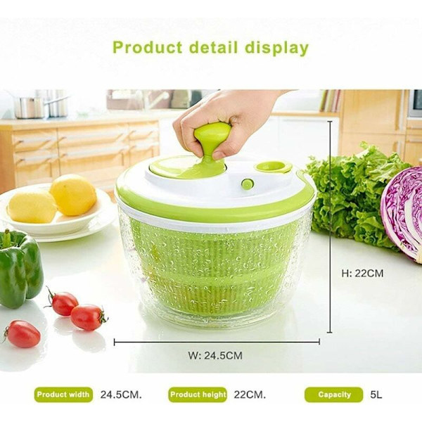 Snabb designad salladsbehållare för torkning och avrinning av sallad och grönsaker, stor kapacitet 5 L sida, diskmaskinssäker (grön) - Fei Yu