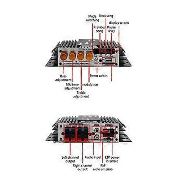 Bil 12V Bilforsterker Bluetooth Mini Liten Effektforsterker Høyttalerforsterker Forsterker for Hjemmebruk Bil