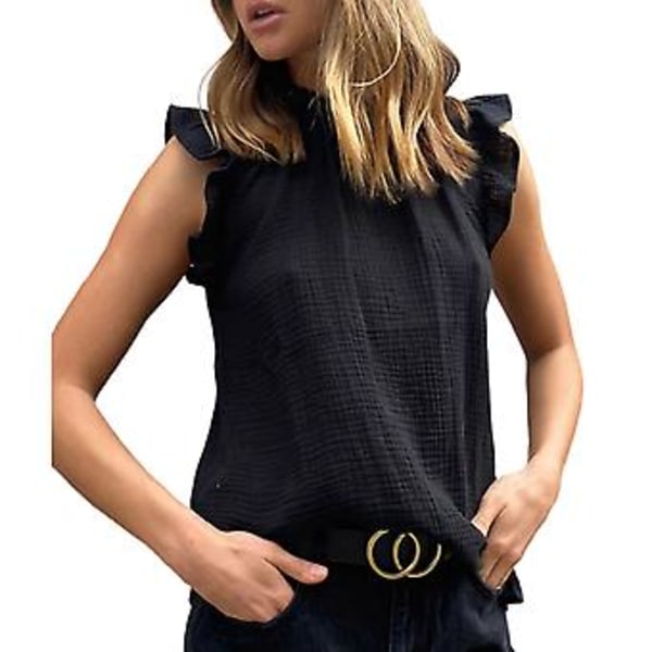 Sommer Ruffle Ermeløs Skjorte Moderne Ensfarget Casual Tanktopper Bluse for Daglig Bruk Svart M