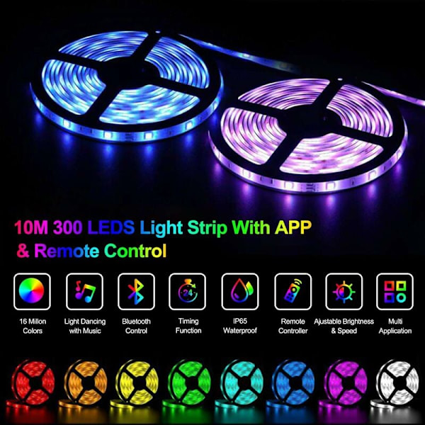 Bluetooth LED-stripe, 10m (5mx2) LED-stripe 300 LED 5050 RGB IP65, styrt med smarttelefonapp, synkroniser med musikkrytme/timerfunksjon