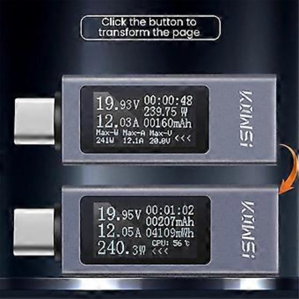 Typ-C Multifunktionell Digital Display Amperemeter Effektmätare DC 4-30V 12A Voltmeter Amperemeter Kapacitetstestare KWS-2301C