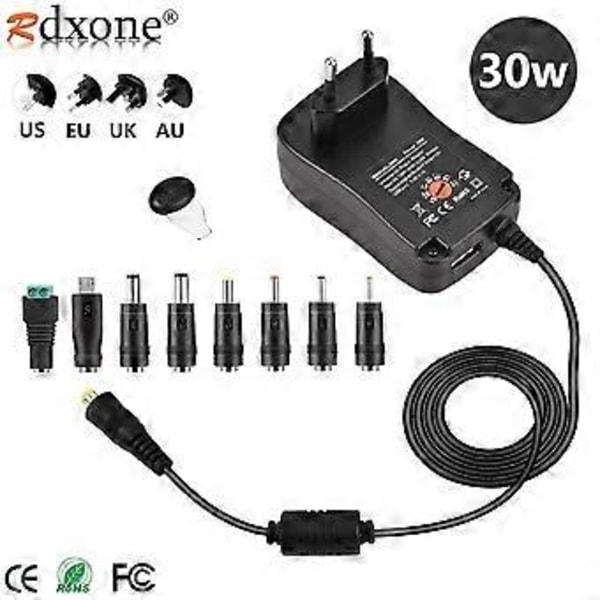 Universell AC-adapter 3V 4.5V 5V 6V 7.5V 9V 12V 2A 2.5A DC Strömförsörjningstransformator med 8 adaptrar för LED-hushållselektronik.