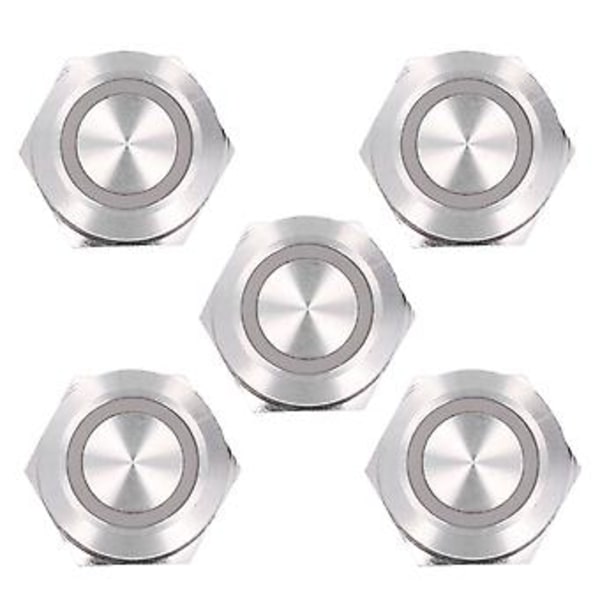 5 stk. Momentær Trykknapkontakt Metal Auto Reset Ultratynd Vandtæt med LED 19mmDC12~24V Rød