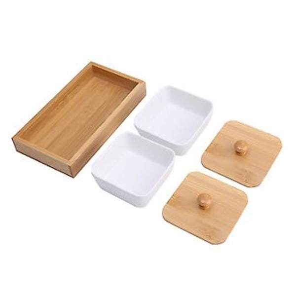 Keramisk serveringsfad til appetizers med bambuslåg til frugt, nødder og desserter (2 rum)