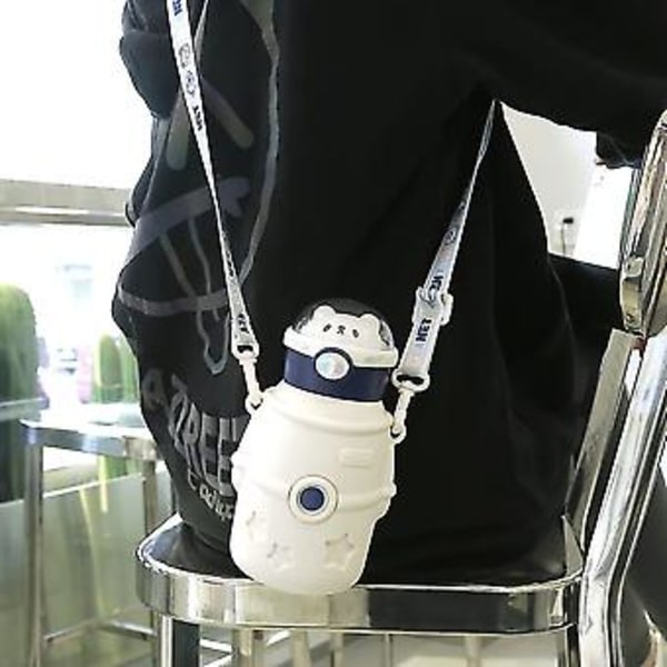 1 stk. Kawaii Vannflaske med Sugerør, 500ml Bærbar Rustfritt Stål Isolert Vannflaske med Klistremerke, Stor Søt Astronaut Bjørn Vann