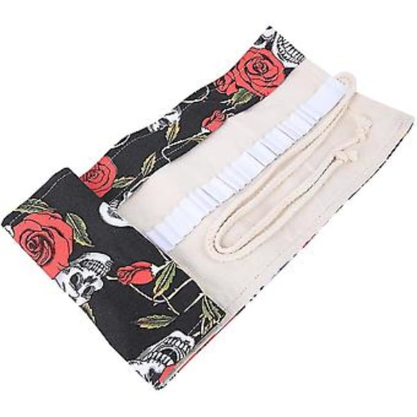 Pencil Roll Canvas 48 Hull Håndlaget Maleri Penn Oppbevaringspose Skrivesaker Kunstutstyr (Skull Rose Pattern)
