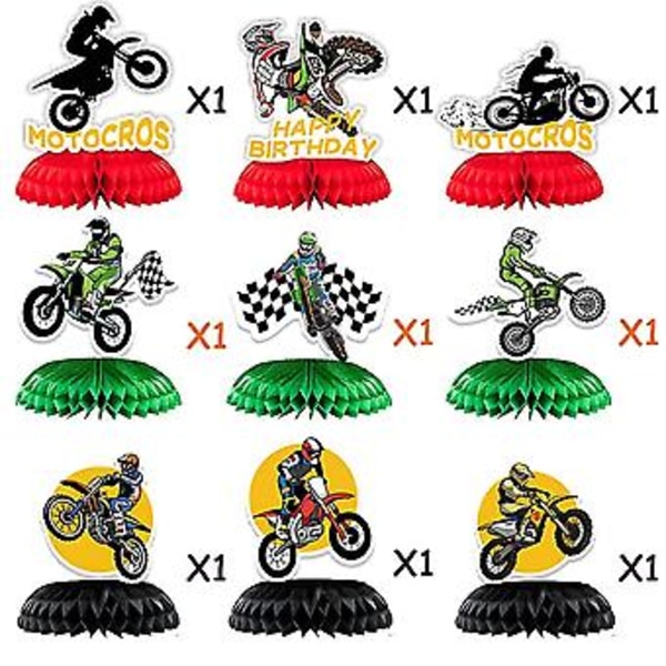 9 st Motorcykel Födelsedagsdekorationer Honeycomb Centerpieces