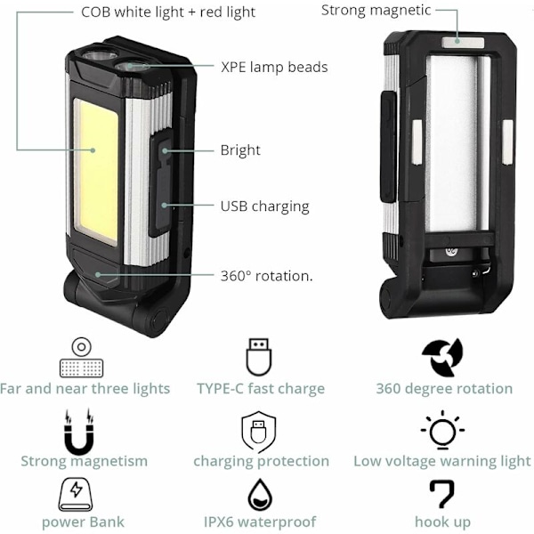 Led arbejdslys IPX6 vandtæt, bærbar genopladelig Led-lampe XPE COB campinglampe med opladningsfunktion med magnetisk base og krog til garage, H