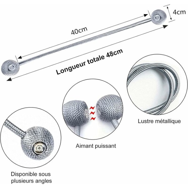 Fei Yu Sett med 4 gardinbindinger, magnetiske gardinbindinger Magnetiske flettegardiner Spenne for hjemmekontordekorasjon (grå)