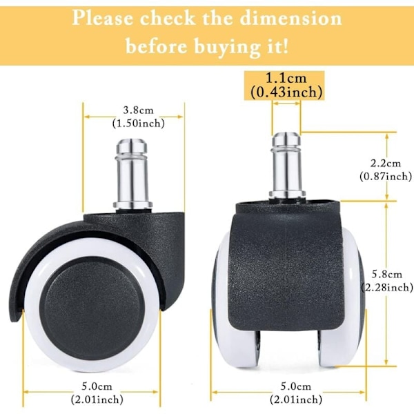 Hjul til kontorstol Sett med 5 hjul til lenestol Erstatningshjul 11/50 mm Stille seteben for hardt gulv Hvit
