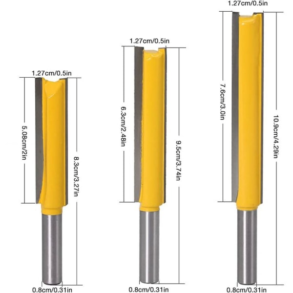 8 mm:n reititinterä, 3 kappaletta suoria uritusleikkureita, erittäin pitkät kovametalliset reititinterät, puureititinterät, suorat reititinterät, puutyökalut（8X