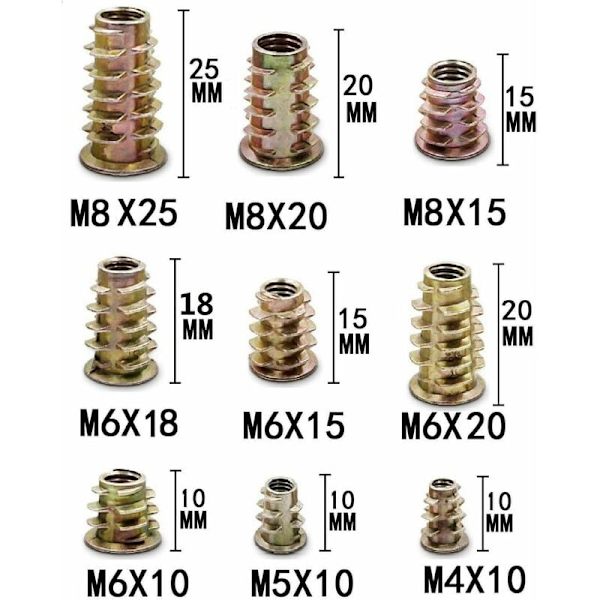 Gjengede innsats treskrue sinklegering M4 M5 M6 M8 gjengede innsats sekskant sokkel skrue mutter for tremøbler (120 stk)