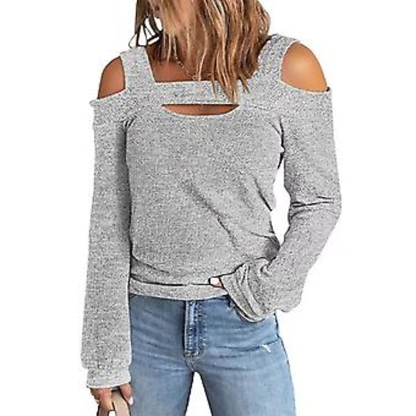 Dam Cold Shoulder Topp Utskuren Design Enfärgad Trendig Långärmad Blus för Hemshopping Grå L