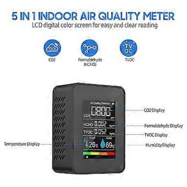 Bärbar Luftkvalitetsmätare Inomhus Co2 Detektor 5 I 1 Formaldehyd Hcho Tvoc Testare Lcd Temperatur