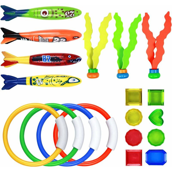 19PCS Dykkersæt, Børns Svømmebassin Legetøj, Scuba Dykning Pool Legetøjssæt, Dykkeringe, Dykker Torpedo, Ædelstene, Dykkerbold Streamers