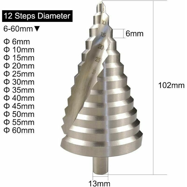 HSS trinnbor 6-60mm spiral konisk senk 12 trinn for skrutrekkerboring på stål messing tre plast, etc