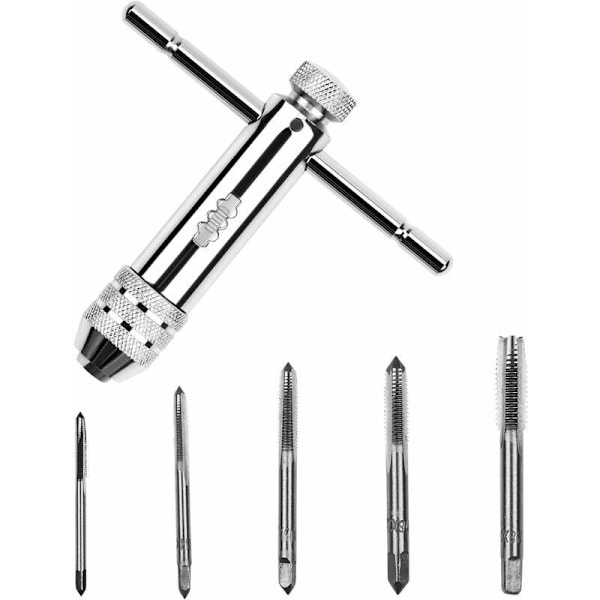 6Pcs T Bar Ratchet Tap Holder Handle Adjustable Tap Wrench with M3-M8 Thread Reversible Ratchet Tap Holder with 5pcs Left Hand Turns Hand Tool Kit