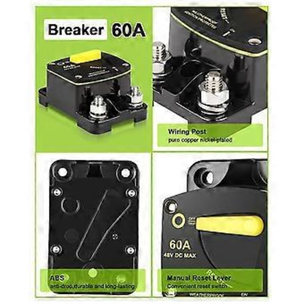 60 Amp sulakekatkaisija DC 12V-48V sulake manuaalisella nollauskytkimellä RV-auton audiojärjestelmään, veneeseen, vetomoottoriin, stereoäänentoistoon