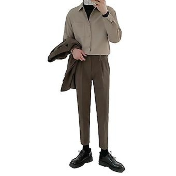 Langermet skjorte for menn, bomullsblanding, knapp ned, nedslått krage, avslappet skjorte for vår og høst, khaki L