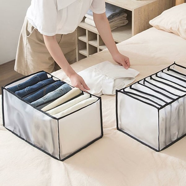 2 stk. store skuffer arrangører, 7 gitter foldbare jeans opbevaringsarrangør med rum, vaskbare mesh skuffe dividers til tøj,