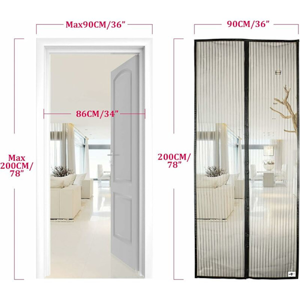 Magnetisk skærmdør, netgardin, magnetisk top-til-bund-forsegling lukker automatisk, hold frisk luft inde (90x200 cm, sort)